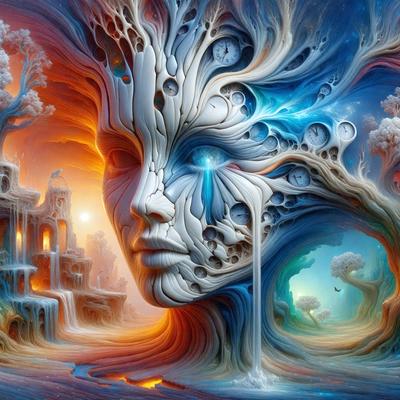 The primary subject of the image is a face, which is the main object, scene, or focus of the image. The face is surrounded by a vibrant and colorful environment, which includes a clock, a tree, and a waterfall. The setting appears to be a surreal and imaginative landscape, possibly a digital art or illustration. The colors and mood of the image are lively and whimsical, with a sense of wonder and creativity.